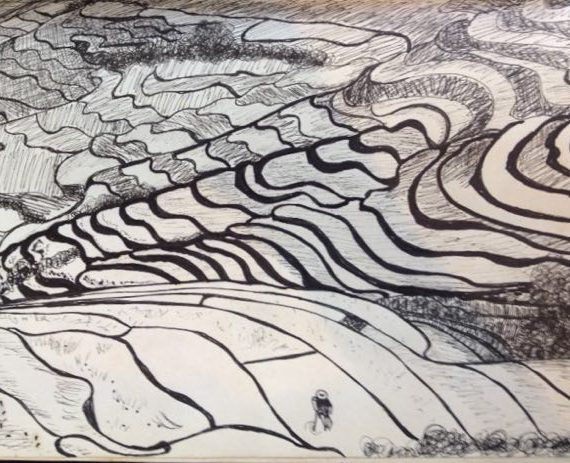 Paid fields ink on paper panting Bali Indonesia