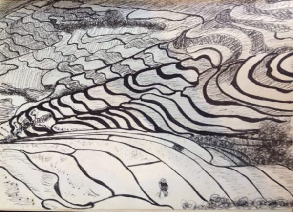 Paid fields ink on paper panting Bali Indonesia