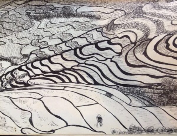 Paid fields ink on paper panting Bali Indonesia