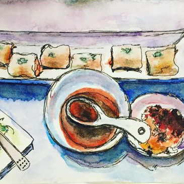 Rice Rolls Dim Sum is an original sketch in ink and watercolour on paper of the famous Chinese delicacy