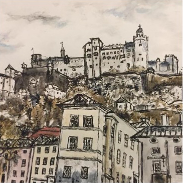 Sketch of The Fort on Salzburg watercolour and ink