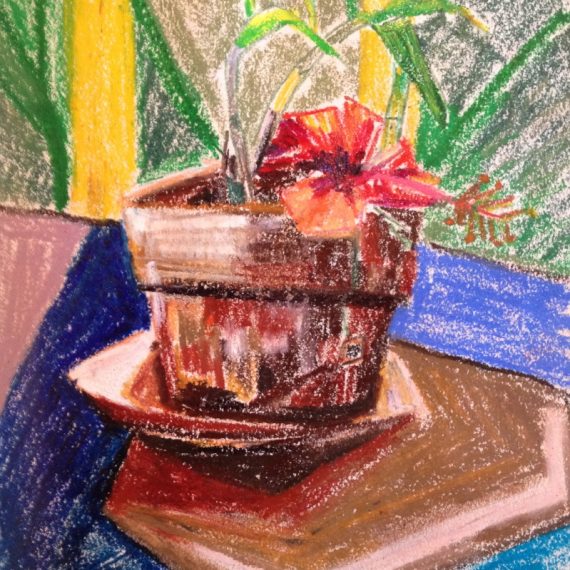 Pastel still life painting of a plant on a table