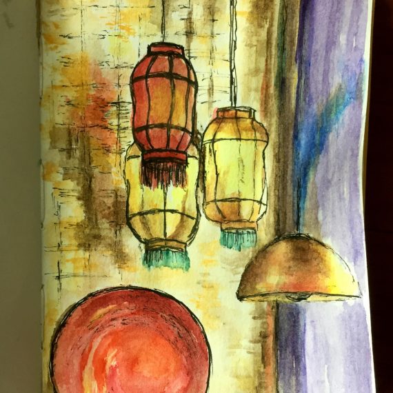 A Restaurant Interior is an ink and watercolour sketch