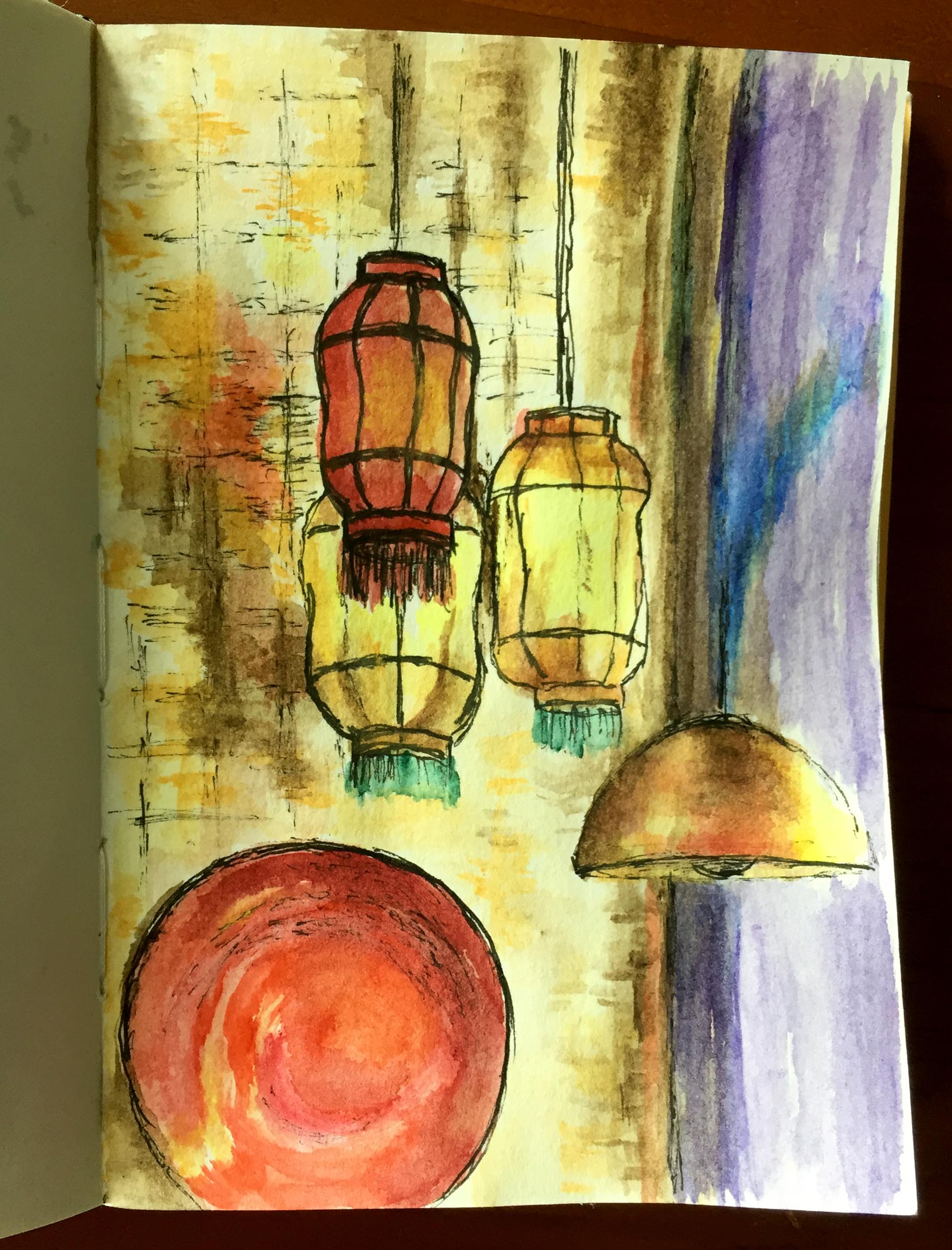 A Restaurant Interior is an ink and watercolour sketch