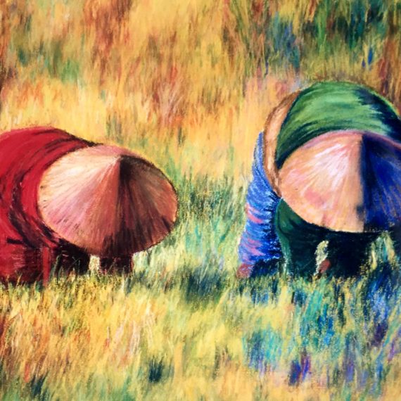 pastel painting workers in field