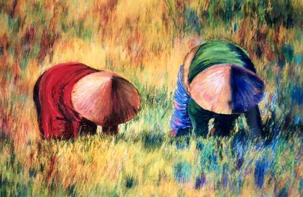 Pastel art of 2 ladies planting rice in fields under the hot East Asian sun