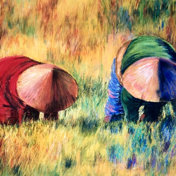 Pastel art of 2 ladies planting rice in fields under the hot East Asian sun