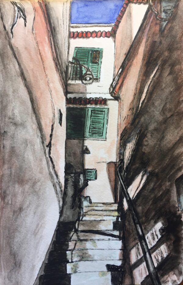 Ink and watercolour painting of the narrow street steps in Amalfi, Italy
