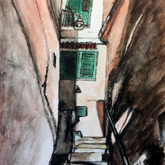 Ink and watercolour painting of the narrow street steps in Amalfi, Italy