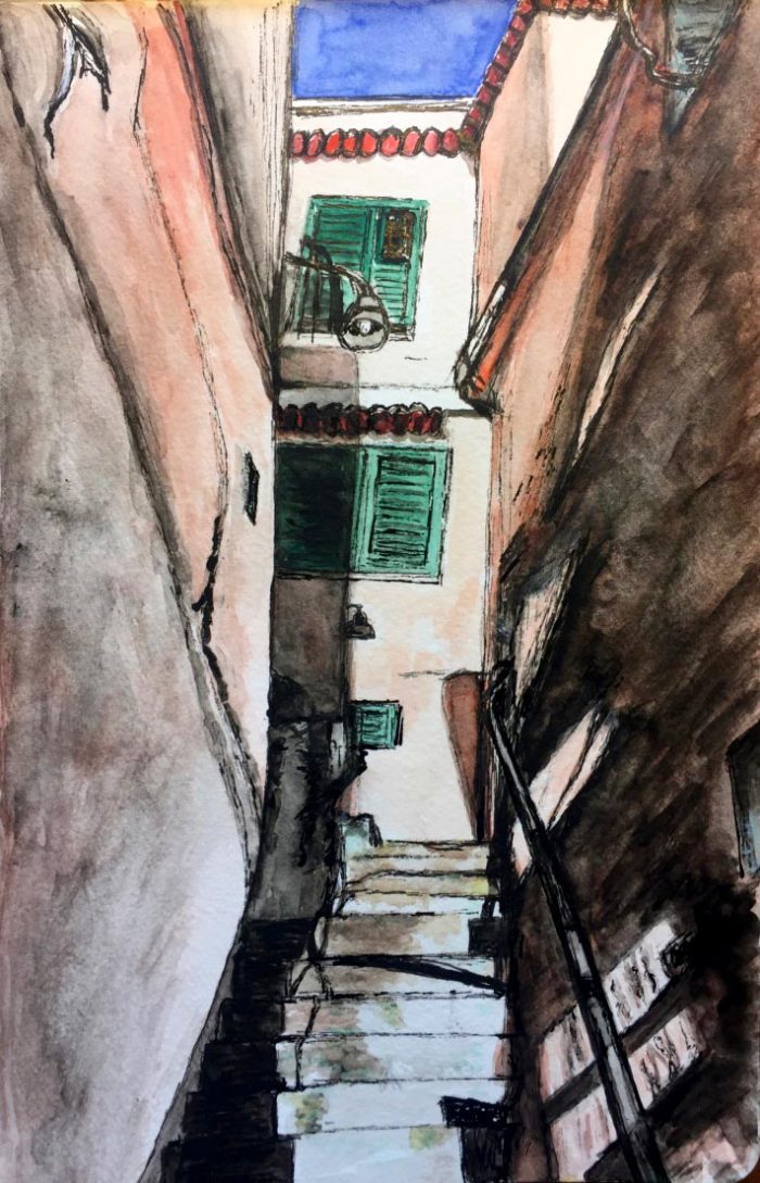 Ink and watercolour painting of the narrow street steps in Amalfi, Italy