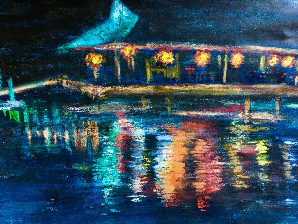 Water reflections at Pangkor Laut Malaysia mixed media pastel painting