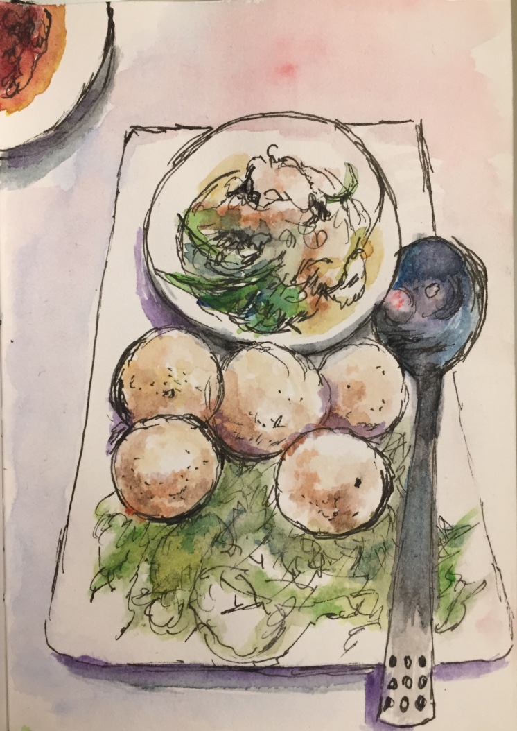 Fishball Delicacy watercolour and ink sketch