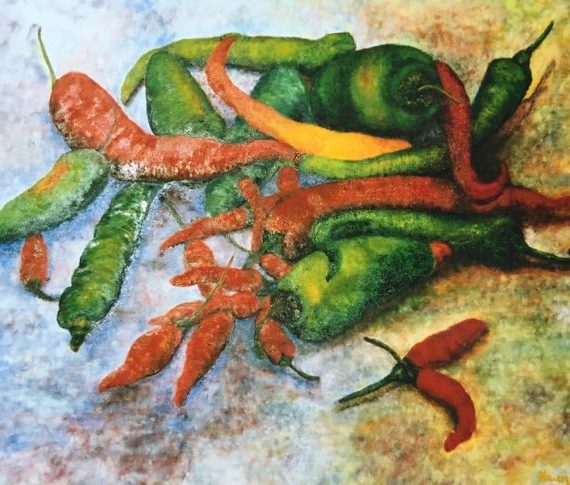 Mixed media painting of an assortment of red and green chilli peppers