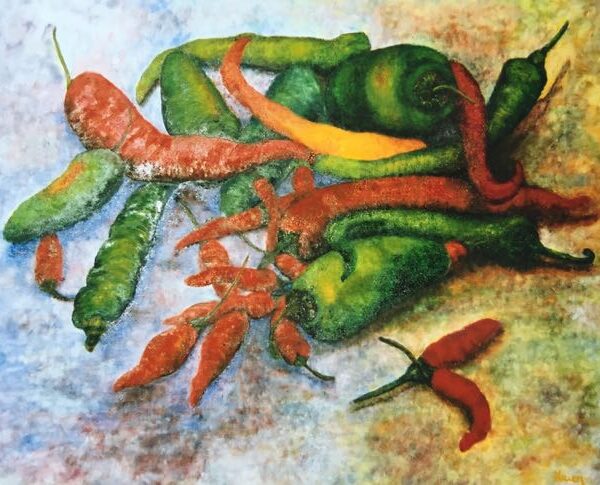 Mixed media painting of an assortment of red and green chilli peppers