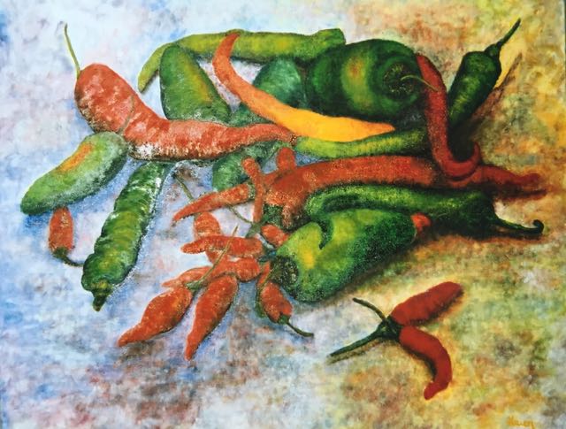 Mixed media painting of an assortment of red and green chilli peppers