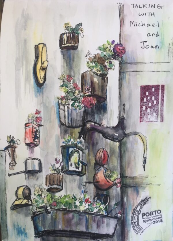 Hanging baskets in Porto, Urban Sketchers Symposium 2018