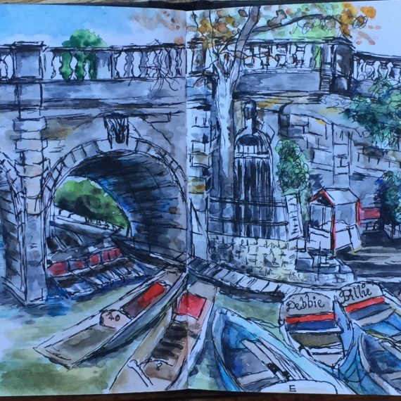 Watercolour sketch of View from Magdalen College - Punting in Oxford