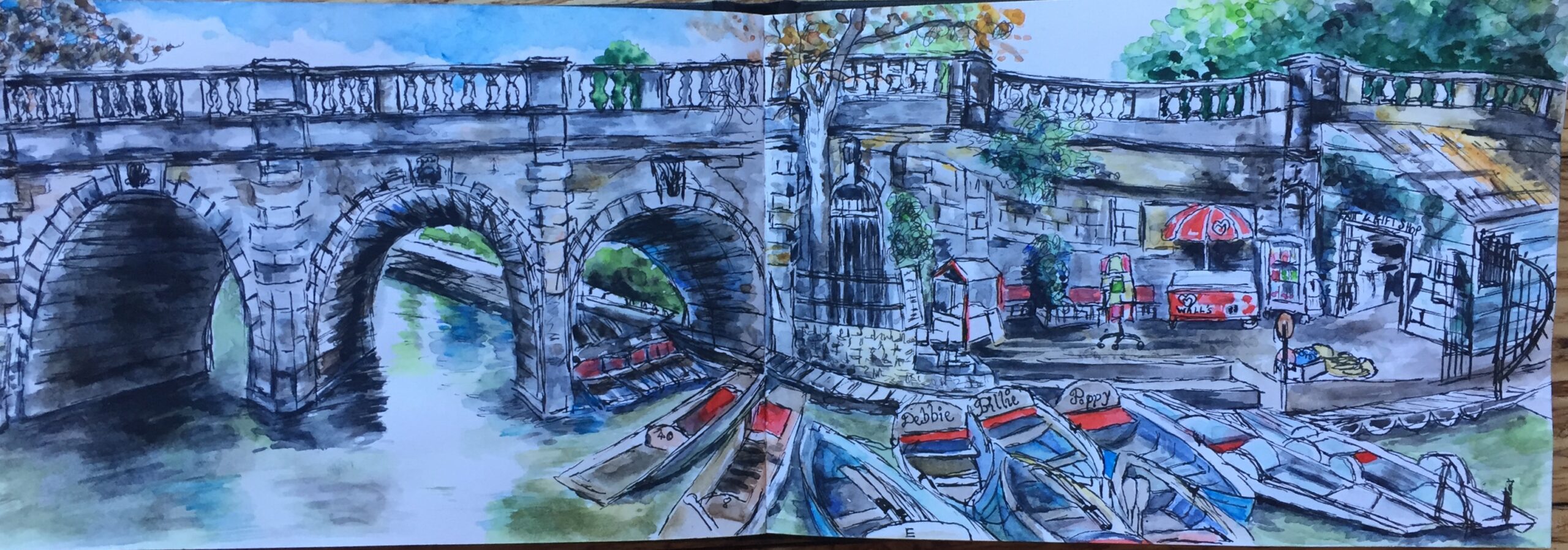 Watercolour sketch of View from Magdalen College - Punting in Oxford