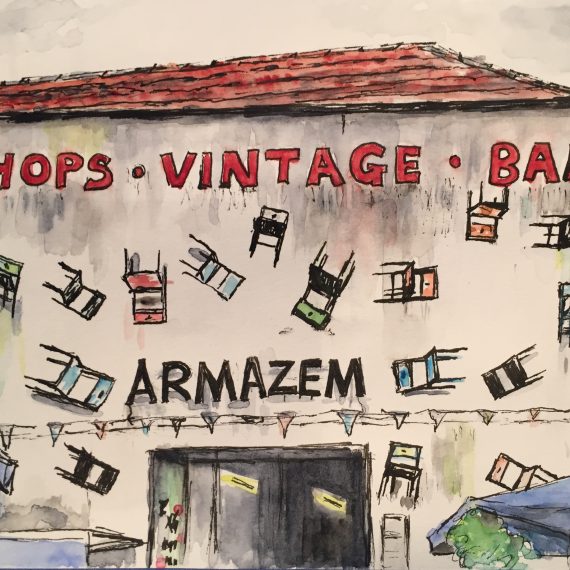 Watercolour sketch of vintage shops and bar in Porto