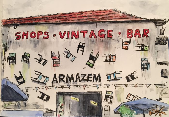 Watercolour sketch of vintage shops and bar in Porto