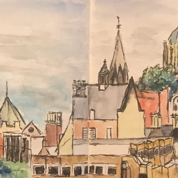 Watercolour painting of The Oxford city Skyline from Westgate