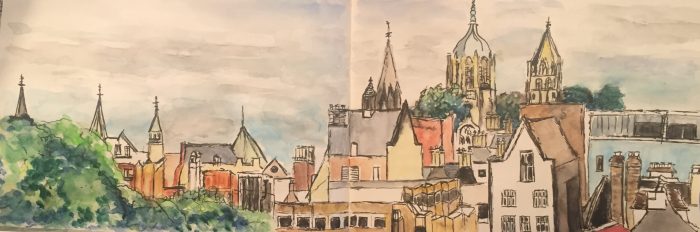 Watercolour painting of The Oxford city Skyline from Westgate