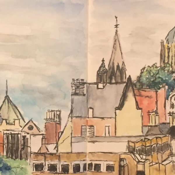 Watercolour painting of The Oxford city Skyline from Westgate