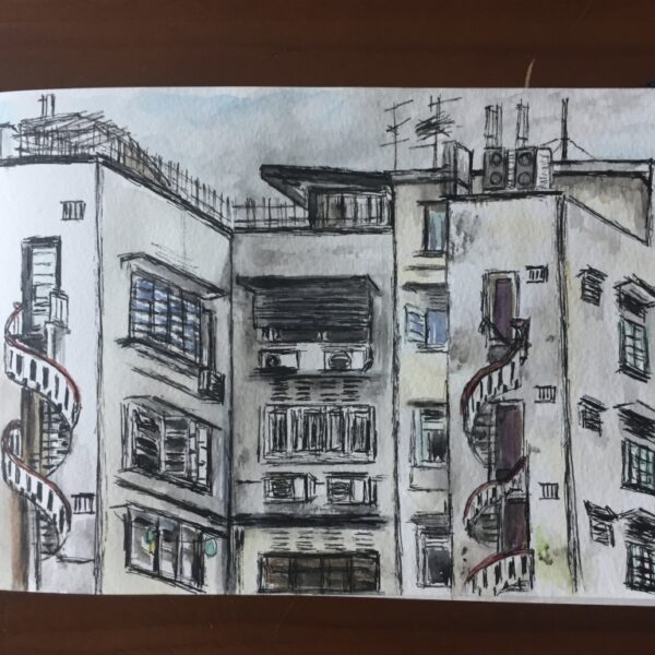 Watercolour and ink sketchbook art of Little India, Singapore