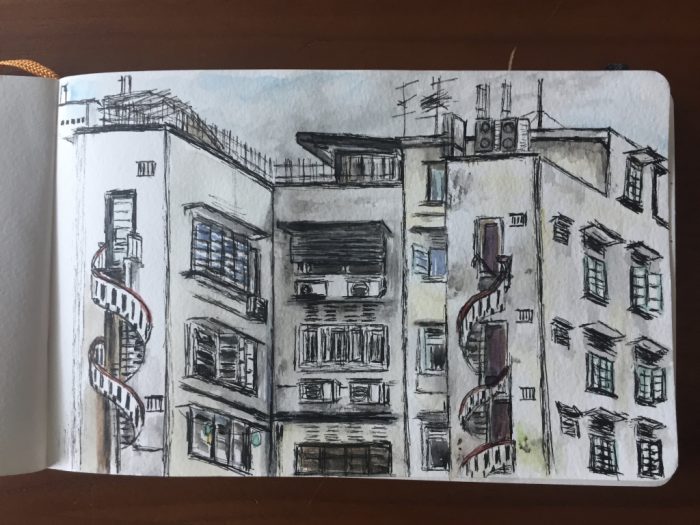 Watercolour and ink sketchbook art of Little India, Singapore