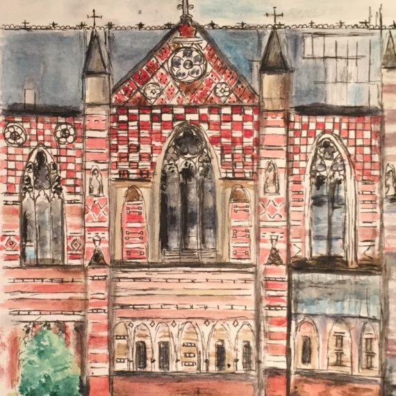 Keble College, University of Oxford watercolour and ink original painting