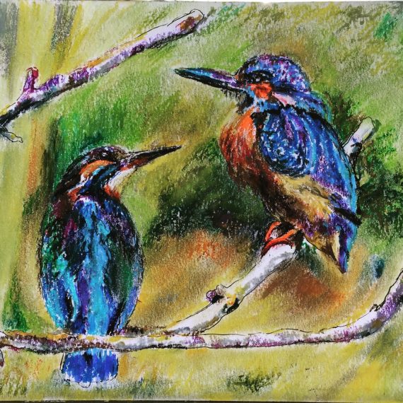 "A pair of Kingfisher birds sitting together on a tree branch" is a pastel painting