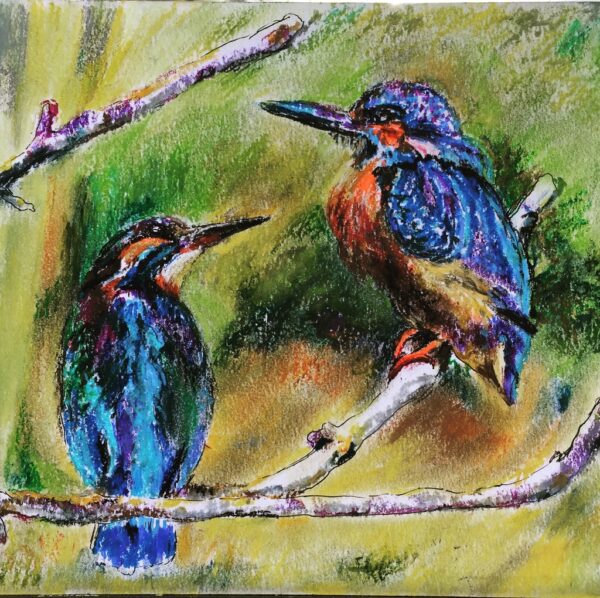"A pair of Kingfisher birds sitting together on a tree branch" is a pastel painting
