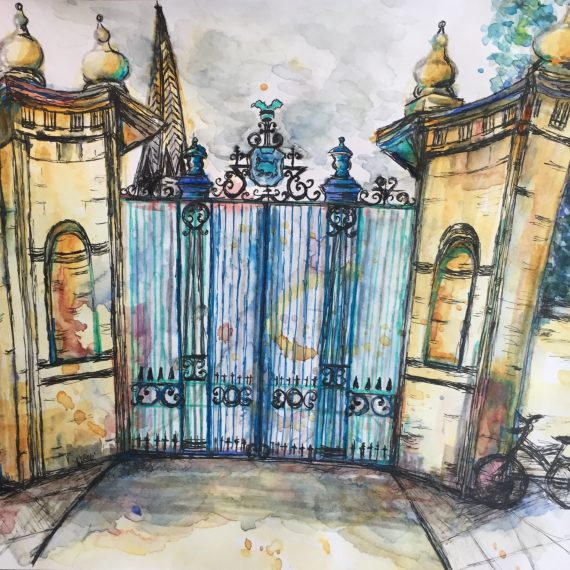 Trinity College, Oxford Main entrance gate watercolour and ink