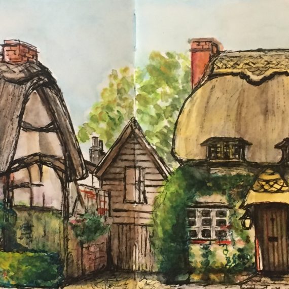 Watercolour and Ink of English Thatched houses in Long Crendon Buckinghamshire