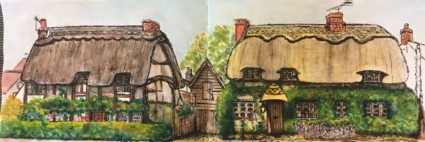 Watercolour and Ink of English Thatched houses in Long Crendon Buckinghamshire