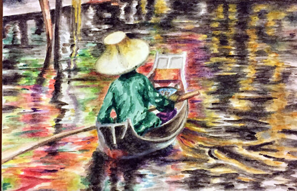 Original watercolour painting of Bangkok Floating Market