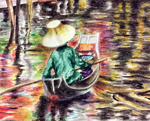 Original watercolour painting of Bangkok Floating Market