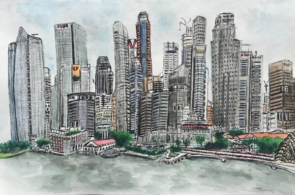 Watercolour and ink painting of Singapore Business District from the river
