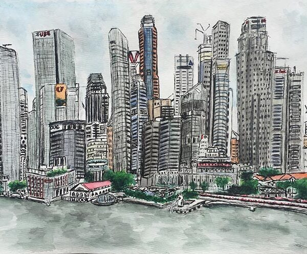 Watercolour and ink painting of Singapore Business District from the river