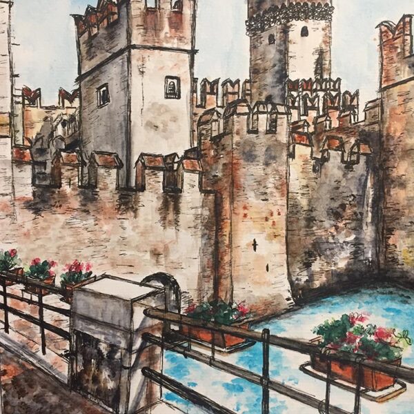 Watercolour and ink painting of Scaligero Castle Sirmione Lake Garda Italy