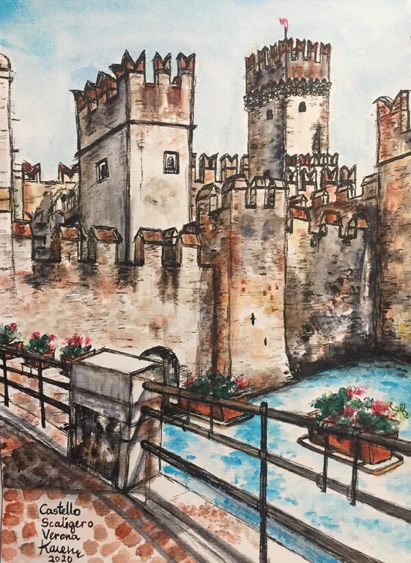 Watercolour and ink painting of Scaligero Castle Sirmione Lake Garda Italy