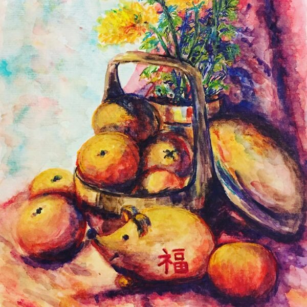 Watercolour painting of Chinese New Year yellow flowers and fruit still life