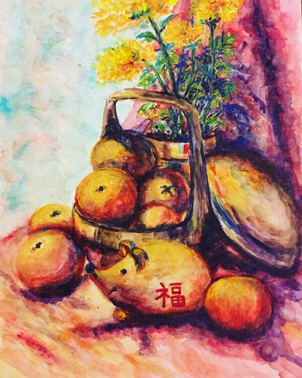 Watercolour painting of Chinese New Year yellow flowers and fruit still life
