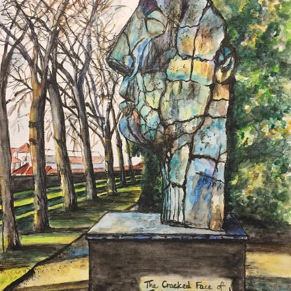 Watercolour and ink painting of Tyndareus the Giant Cracked Face Statue of Igor Mitoraj Tyndareus in the Boboli garden at Florence