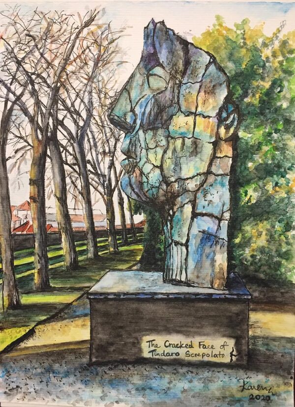 Watercolour and ink painting of Tyndareus the Giant Cracked Face Statue of Igor Mitoraj Tyndareus in the Boboli garden at Florence
