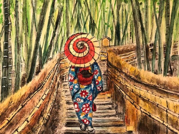 Watercolour and ink of a Geisha walking across a bridge in Bamboo Forest, Japan