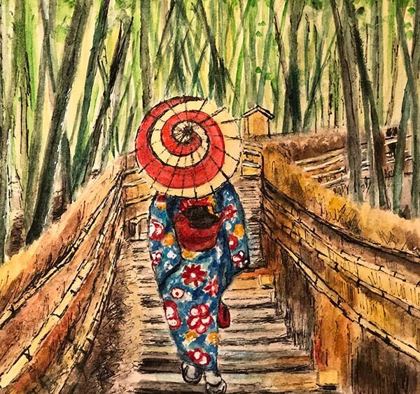 Watercolour and ink of a Geisha walking across a bridge in Bamboo Forest, Japan