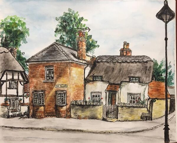 Watercolour and ink painting of Long Crendon Cottages, Buckinghamshire, England