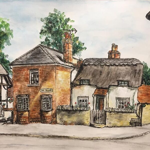 Watercolour and ink painting of Long Crendon Cottages, Buckinghamshire, England