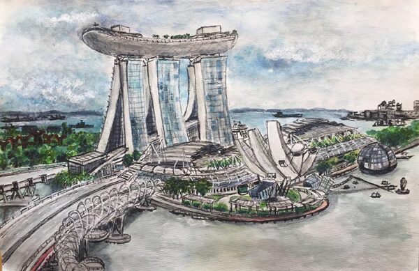 Watercolour of Marina Bay Sands from the Ritz Carlton